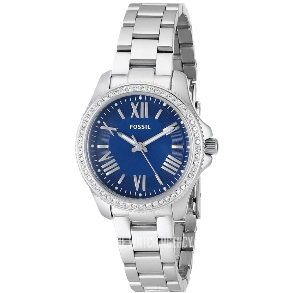 1 Inch Stainless Steel & Sapphire Blue Fossil Watch with Swarovski Crystals
